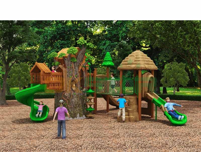 FRP Tree house with plastic durable kids slide equipment outdoor